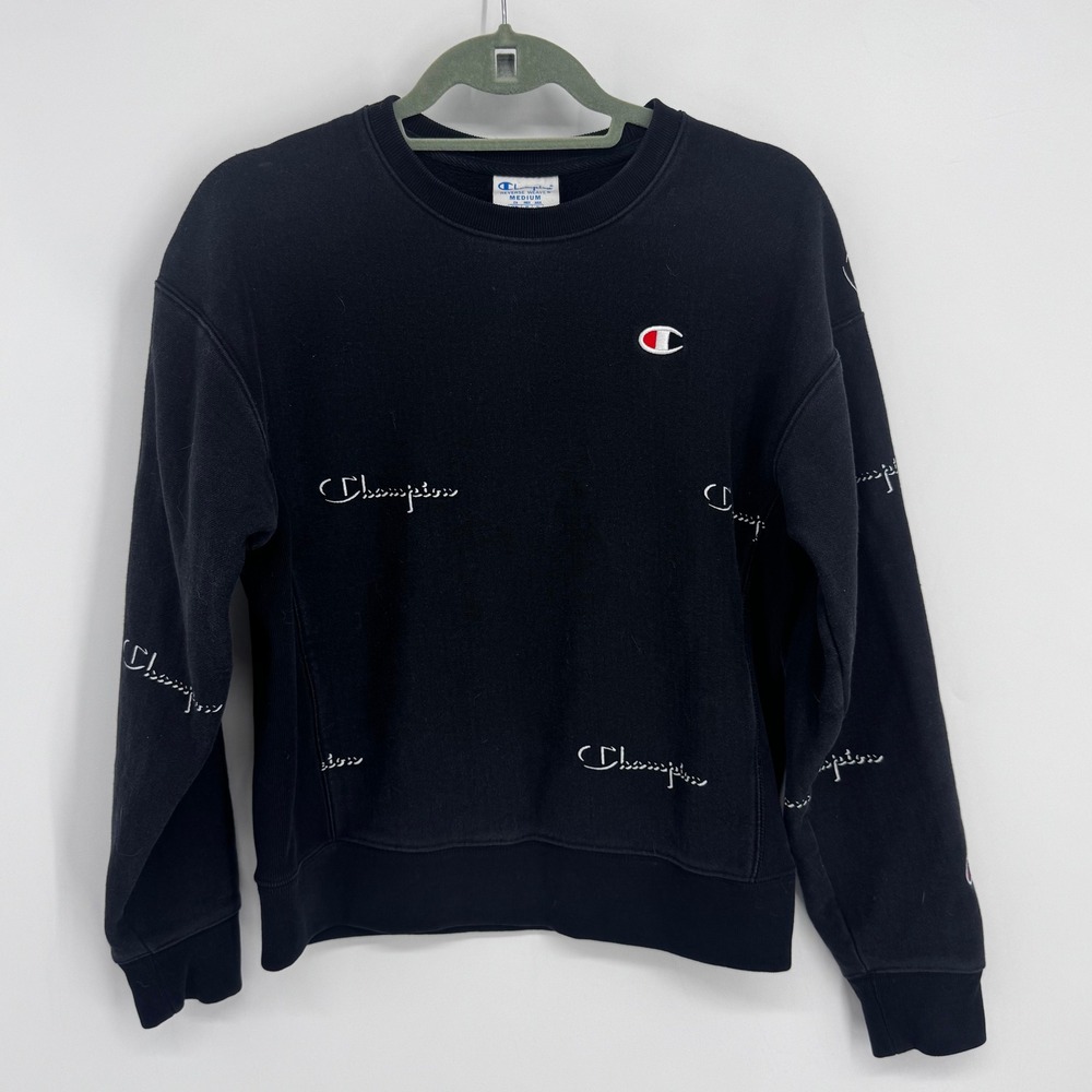 Champion Reverse Weave Sweatshirt Womens Medium Black All Over Script Logo Print